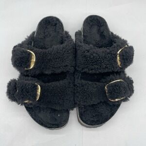 Birkenstock Womens 9 Arizona Big Buckle Shearling Teddy Sandals Shoes Black Gold